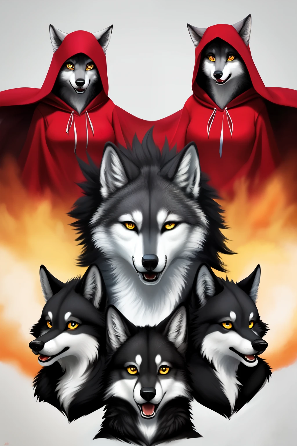 (ultra detailed), a captivating full-size portrait of a group of anthro female wolf creatures, or "girls woof," in a stunning display of harmony and sisterhood. Each girl boasts a distinctive character, with their fur, colors, and unique features. One girl, the central focus, is depicted in a roar view, revealing her open mouth and glowing amber eyes. She wears a hooded red cloak, its fur contrasting against her grey and black fur. Her wolf tail swishes to the side, hinting at her playful spirit.
The other girls in the group surround her, each with their individual poses. One girl gazes at the central figure with ad