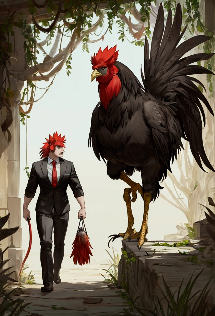 an angry and muscular rooster, walking, there is nothing and nobody in the scene except the rooster, the environment is a jungle.