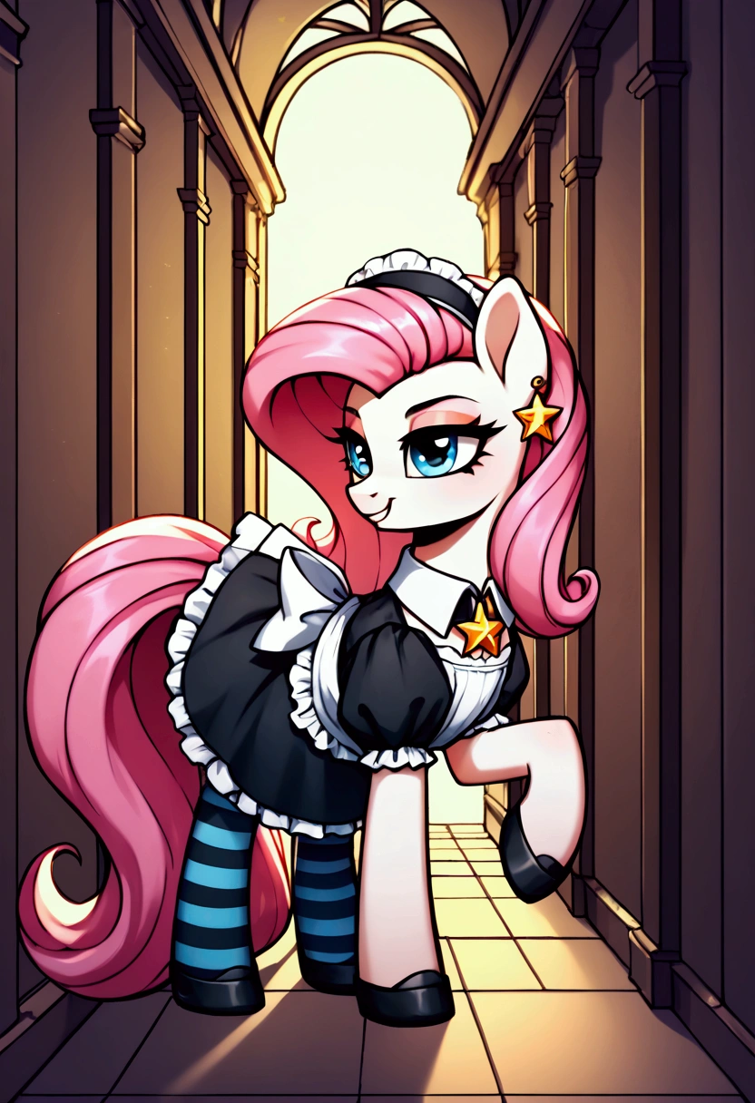score_9,score_8_up,score_7_up,score_6_up, ((my little pony)), radiant lighting, vibrant colors, whimsical atmosphere, 8K, high resolution, highly detailed, masterpiece, ((brightness white body)), blue eyes, (maid costume), striped stockings, star pendant, earrings, eyeshadow, (very long pink hair:1.3), (((prostitute tries to lure to play:1.4)))