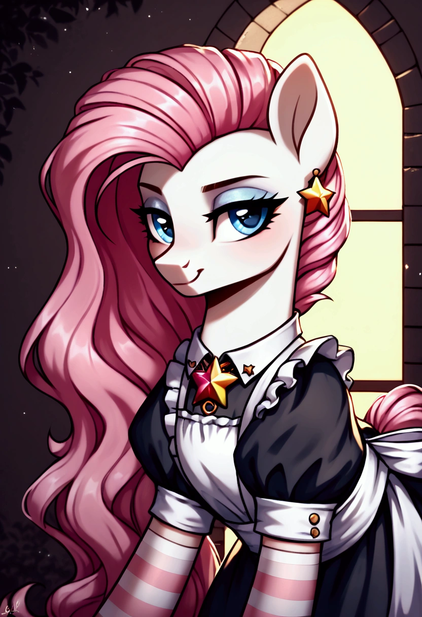 score_9,score_8_up,score_7_up,score_6_up, ((my little pony)), radiant lighting, vibrant colors, whimsical atmosphere, 8K, high resolution, highly detailed, masterpiece, ((brightness white body)), blue eyes, (maid costume), striped stockings, star pendant, earrings, eyeshadow, (very long pink hair:1.3), (((prostitute tries to lure to play:1.4)))