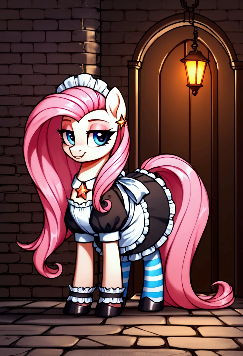 score_9,score_8_up,score_7_up,score_6_up, ((my little pony)), radiant lighting, vibrant colors, whimsical atmosphere, 8K, high resolution, highly detailed, masterpiece, ((brightness white body)), blue eyes, (maid costume), striped stockings, star pendant, earrings, eyeshadow, (very long pink hair:1.3), (((prostitute tries to lure to play:1.4)))