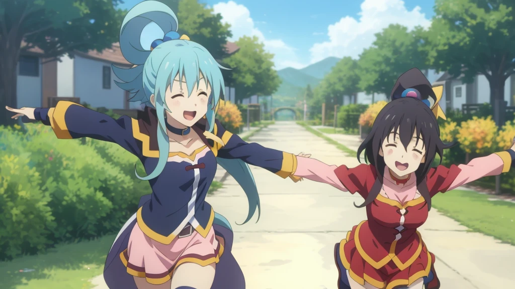 Skinny Megumi and Aqua from the anime "Konosuba" joyfully open their arms and run towards each other, creating a masterpiece of high-quality animation.