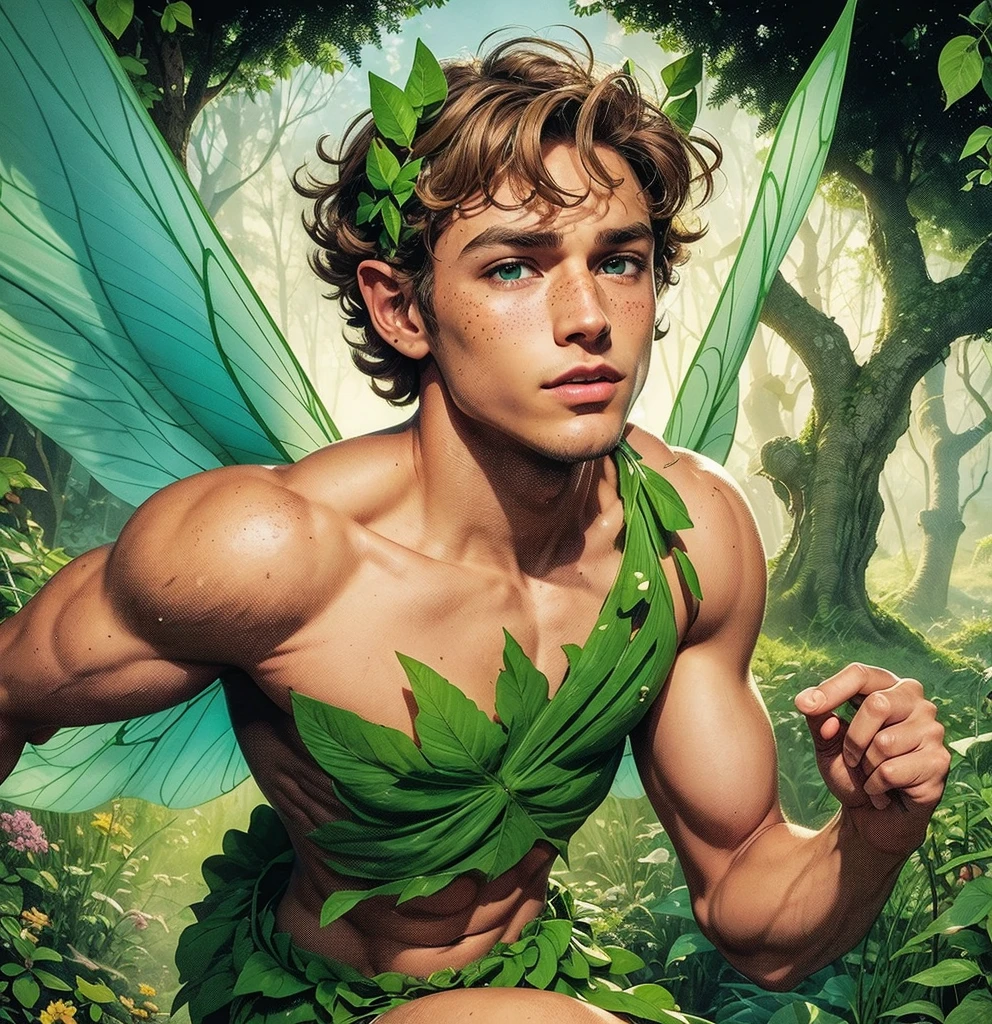 American classic comic book art: ethereal delicate young man, curly light brown hair, blue eyes, tanned skin, pointed ears, bright green tiara on the forehead, bright green tiny fairy outfit, forest, vines and flowers, lime green energy,bigbutt, shaved,tanned beautiful thighs, very young face man, freckles, fairy man, prancing, lime green leaves tiny mini skirt, nicebutterf, comic book,