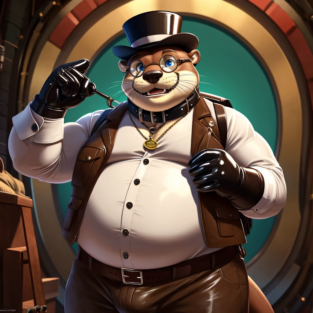 Solo, Male, fat, extremely obese, gentleman, dapper Professor Otter with a neck bulge, rubbing his belly, blue eyes, (soft shading), 4k, hi res, ((detailed face, detailed)), looking at viewer, mouth wide open, steampunk, collared shirt with buttons, top hat, male focus, Explorer Outfit, glasses, monocle, bag, vest with buttons, backpack, sleeves rolled up, round eyewear, brown headwear, brown vest, Otter is wearing a glossy leather dog collar around the neck, Otter is wearing the leather collar and shirt and vest at the same time, Otter is wearing glossy white rubber gloves on the hands, wearing white rubber gloves on the feet, gloves are rubber in texture, clenching teeth, leather collar is glossy and shiny with a lot of detail, Otter is wearing gloves and leather collar at the same time, leather collar has a round dog-tag, leather collar is thick and detailed.
