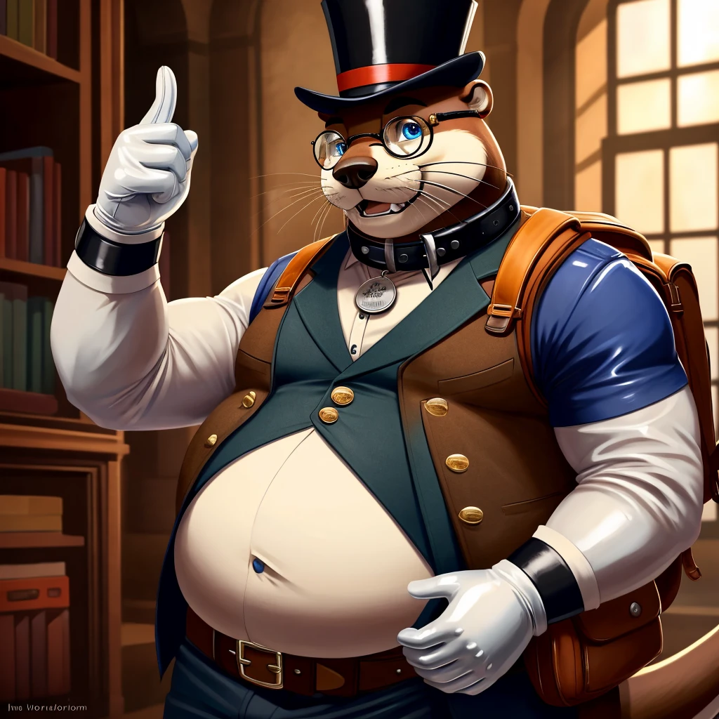Solo, Male, fat, extremely obese, gentleman, dapper Professor Otter with a neck bulge, rubbing his belly, blue eyes, (soft shading), 4k, hi res, ((detailed face, detailed)), looking at viewer, mouth wide open, steampunk, collared shirt with buttons, top hat, male focus, Explorer Outfit, glasses, monocle, bag, vest with buttons, backpack, sleeves rolled up, round eyewear, brown headwear, brown vest, Otter is wearing a glossy leather dog collar around the neck, Otter is wearing the leather collar and shirt and vest at the same time, Otter is wearing glossy white rubber gloves on the hands, wearing white rubber gloves on the feet, gloves are rubber in texture, clenching teeth, leather collar is glossy and shiny with a lot of detail, Otter is wearing gloves and leather collar at the same time, leather collar has a round dog-tag, leather collar is thick and detailed.