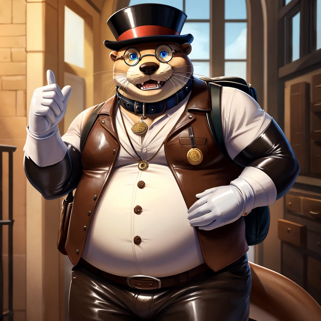 Solo, Male, fat, extremely obese, gentleman, dapper Professor Otter with a neck bulge, rubbing his belly, blue eyes, (soft shading), 4k, hi res, ((detailed face, detailed)), looking at viewer, mouth wide open, steampunk, collared shirt with ons, top hat, male focus, Explorer Outfit, glasses, monocle, bag, vest with butt backpack, sleeves rolled up, round eyewear, brown headwear, brown vest, Otter is wearing a glossy leather dog collar around the neck, Otter is wearing the leather collar and shirt and vest at the same time, Otter is wearing glossy white rubber gloves on the hands, wearing white rubber gloves on the feet, gloves are rubber in texture, clenching teeth, leather collar is glossy and shiny with a lot of detail, Otter is wearing gloves and leather collar at the same time, leather collar has a round dog-tag, leather collar is thick and detailed.
