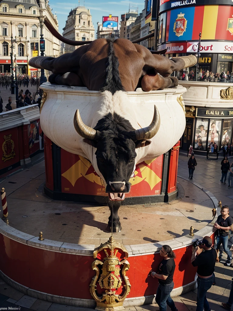 A wide angle shot of a bull with a Spanish flag wrecking havock in Piccadilly circus, very detailed, action shot
