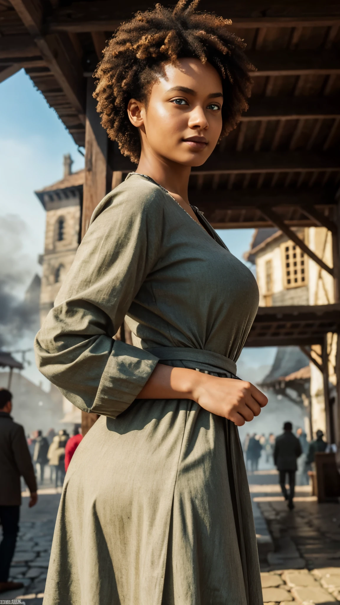 1girl, solo, Rustic homespun dress in earthy green, made from coarse wool, with a loose smock-like fit, high waistline, and three-quarter length sleeves, Madame, Average Height, Lean, Triangular Face, Tan Skin, Honey Blonde Hair, ice blue Eyes, [[Curved Nose]], Full Lips, Round Chin, Long Hair, Thick Hair, Tapered Afro, natural breasts, , black sheer lipstick, Bending sideways with one arm reaching overhead, Enchanting medieval marketplace bustling with merchants and lively townsfolk, angry, proud, :] , breathtaking, intricate details, absurdres, highres, ultra detailed, highest quality, amazing details. [The character (complete) is surrounded by mist, evoking a mysterious and eerie atmosphere. The lighting is dark and atmospheric, with a red smoke adding a touch of sinister ambiance. Best quality image, with a resolution of 4k and HDR enhancement, showcasing the utmost level of detail and realism, full body shot:1.5]. [8K, Best Quality, Ultra High Resolution, (highly detailed CG unity 8k wallpaper), (best photo), (best shadows), isometric 3D, octane rendering, ray tracing, highly detailed, (Best quality, 4K, 8k:1.2), absurdity, ultra detailed, (realistic, photorealistic, photorealistic:1.37), complex parts, HDR, (complex parts:1.12), (hyper detailed, hyper realistic, Soft lighting, spicy:1.2), (complex parts, Hyper detailed:1.15). Blurred foreground. (backlit), masterpiece, high quality, brightness, chromatic aberration, 8k uhd, foggy smoke, shadows, contrast, clear sky, (warm hue, warm tone), high details, natural reflections].