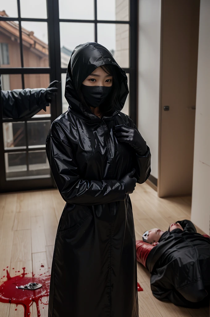 korean girl, (behind corpse, surgical mask), multiple girls, holding knife, stabbing, black raincoat, black gloves, hood up, room full of blood, black wet suit, holding knife, black gloves, behind corpse, blood splatter, short hair, night, mass murderer, robbery, in the house,