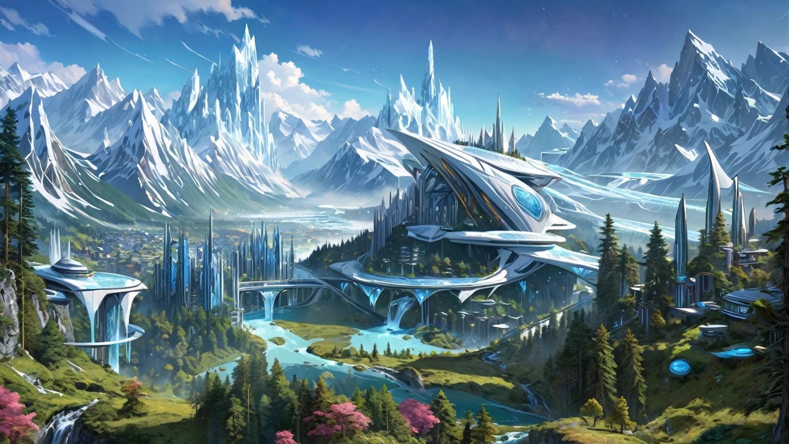 icy mountains, futuristic fantasy city, and a stream in a valley with a forest in the foreground, masterpiece, best quality, Fantasy aesthetics, Highly detailed, beautiful landscape