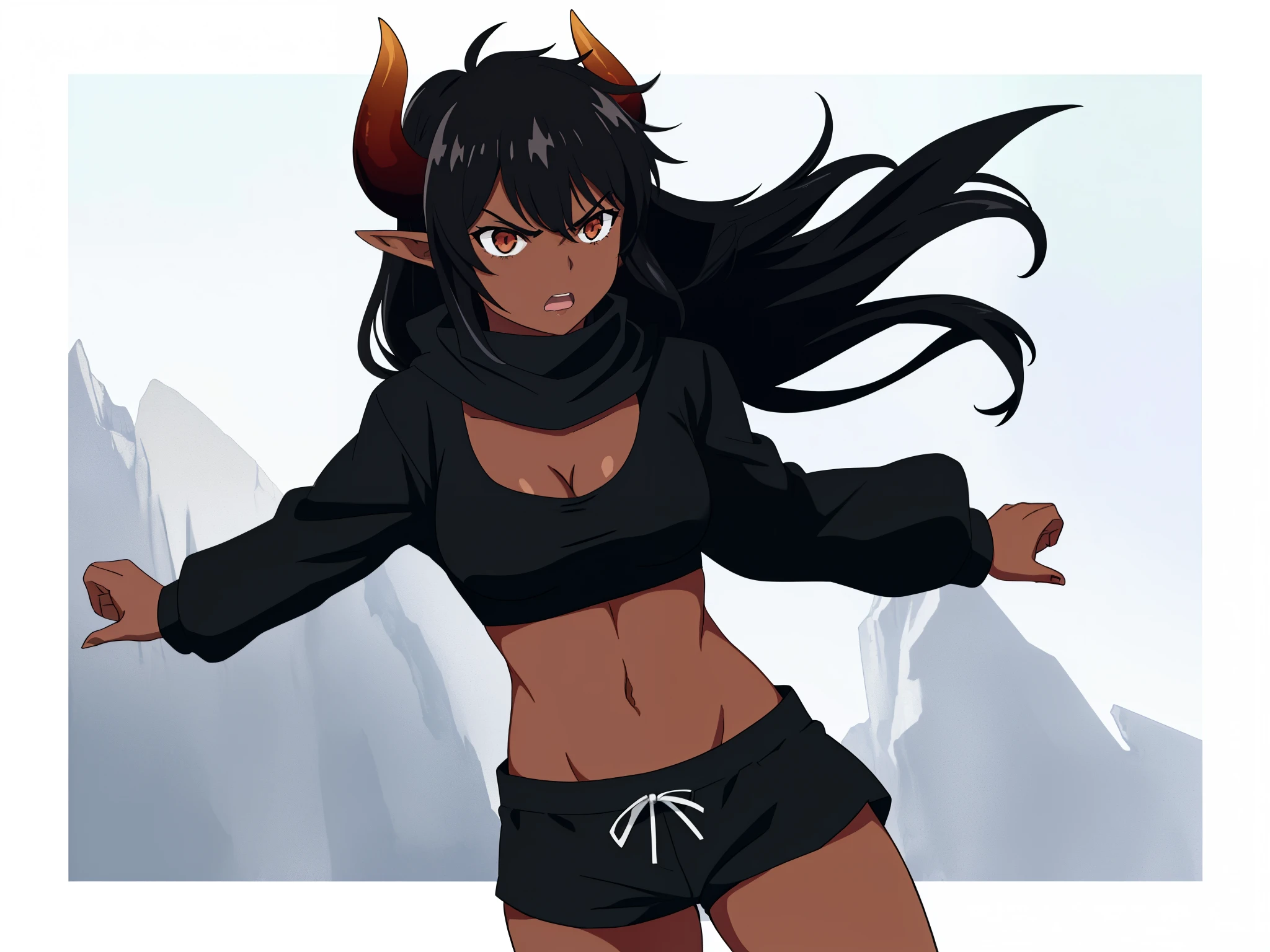 (1girl ,25s,adult,mature female,solo),long hair, black hair,horns,elf ears,((black scarf)),cleavage,(((dark skin))),(black sports bra,black sports shorts, midriff),(white background, simple background),long sleeves,angry,pov,((looking at view,from front))