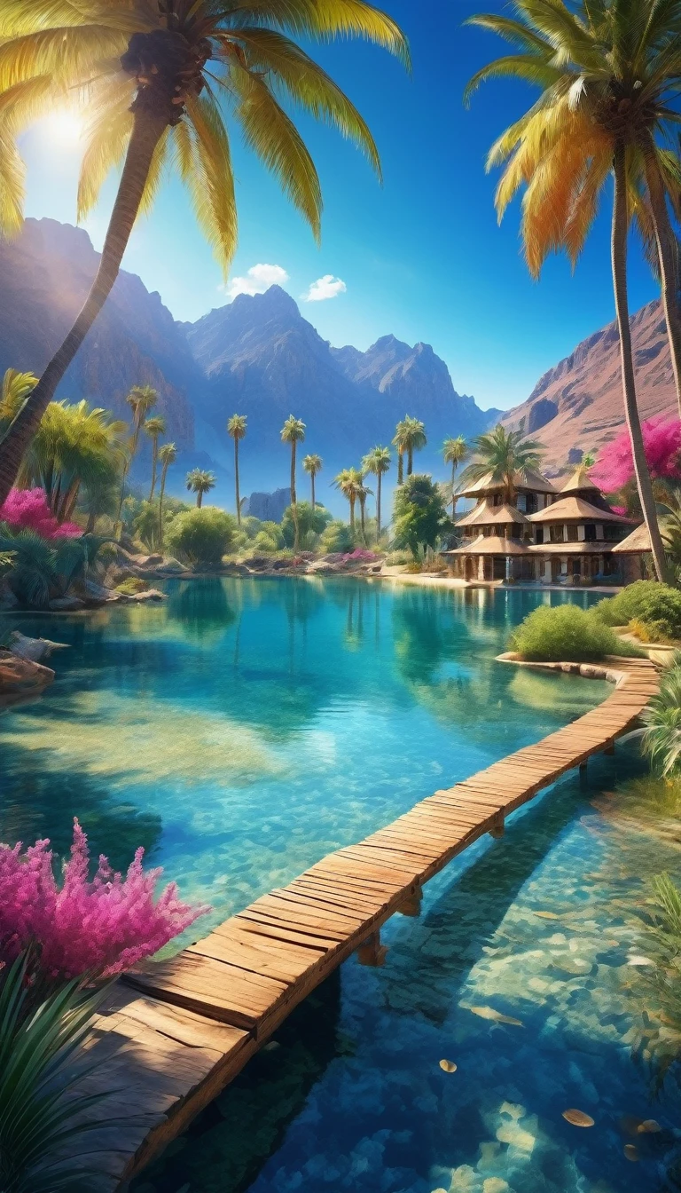 Masterpiece, Best quality, High quality, Extremely detailed Cg Unity 8K wallpaper, Charming and dreamy desert oasis scene, beautiful big blue lake as the focal point, glimmering water surface,with palm trees, The hidden fairytale valley creates a sense of mystery and charm, art stations, Intricate, Trendy, Award-winning photography, Bokeh, Depth of field, hdr, full bloom, color difference, Photorealistic, Extremely detailed,
