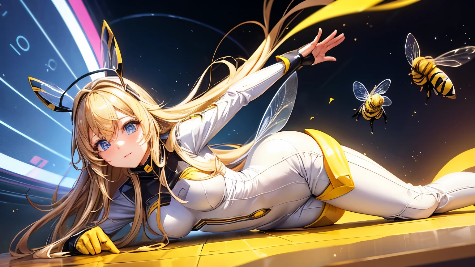 Dressed as a little bee and a bee bodysuit and white boots, long and blonde hair, at the futuristic academy