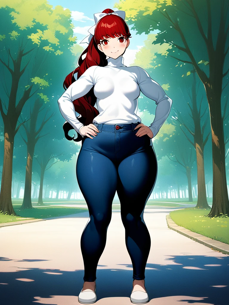 dskasumi, red hair, long hair, ponytail, red eyes, hair bow, 1girl, solo, ((height 150cm)), thick thighs, Bow legs, Beautiful face but chubby face, Chubby Yor briar, Hands on hips, Stand up straight, ((Full body)), (low head 1.5), A little chubby body type and small breasts, masterpiece, tight denim pants, ((small breasts)), thick legs++, Full body+, Solo, Swollen face, 1 woman, (white long sleeve tutleneck 1.5,) (tight turtle neck 1.5), white turtle neck, navy blue Denim pants, thick thighs, low rise navy blue denim pants, solo, simple background, masterpiece, best quality, black hair, A chubby figure that seems real, smile, High saturation
BREAK
outdoors, park, trees, dappled sunlight, depth of field, cinematic, game cg, official art, masterpiece, best quality
