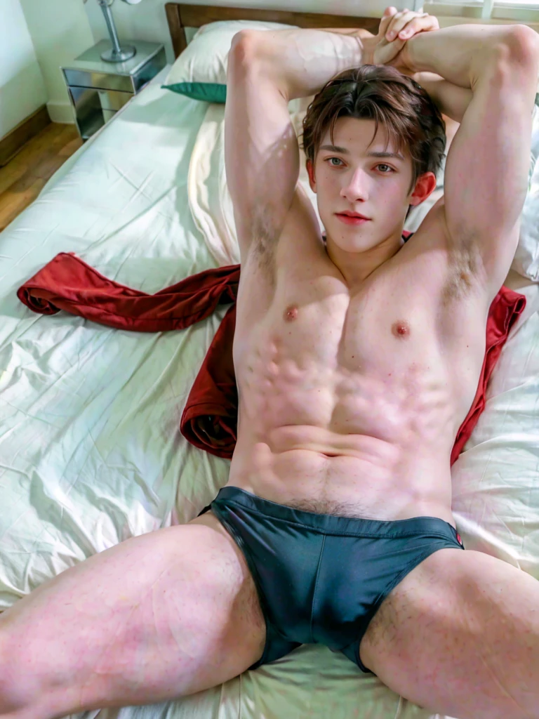 Tom Holland lying down all sweaty with his arms open showing his armpit and biceps with a very small swim trunks creating a very large volume on the bed, On open legs, and he is very hot