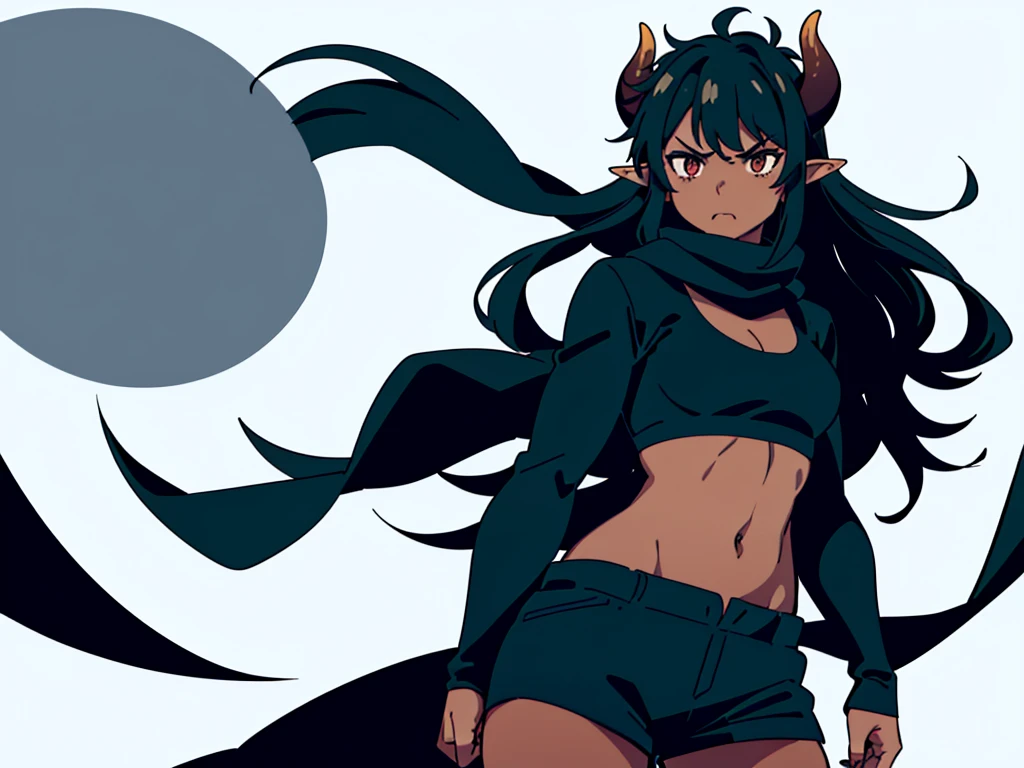 (1girl ,25s,adult,mature female,solo),long hair, black hair,horns,elf ears,((black scarf)),cleavage,(((dark skin))),(black sports bra,black sports shorts, midriff),(white background, simple background),long sleeves,angry,pov,((looking at view,from front))