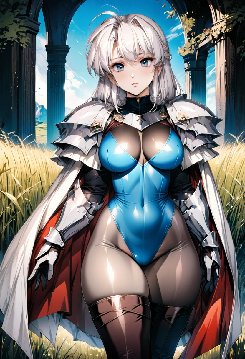 ((highest quality)), ((masterpiece)), ((hyperrealistic)), (detailed background), 1girl, ((curvy: 1.2)), ((lame blue leotard)), ((catsuit leotard)), (knight armor), (See-through long skirt dress), cloak de cour, gauntlet, gloves, white hair, ahoge, (large breasts), (see-through cleavage cutout), (zettai ryouiki black thigh high boots), (pantyhose thighs), (pantyhose groin area), beautiful eyes, perfect face, Perfect hands, perfect fingers, Blue sky and grassland,