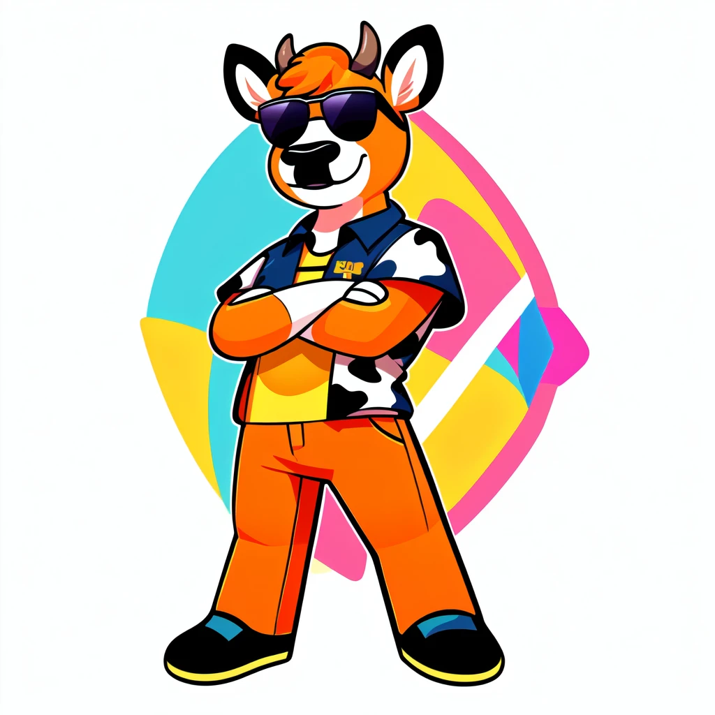 Just Dance,Wear a shirt、Wearing sunglasses、Cartoon cow full body mascot with arms crossed, ( cow wearing sunglasses, dancing character, Created using Adobe Illustrator, Teddy Fresh, Orange body, Created using Adobe Illustrator, Cartoon shading:15, Official Art, Merge roles, an anthropomorphic deer, Official illustrations, Full body clothing, Low resolution, posture
