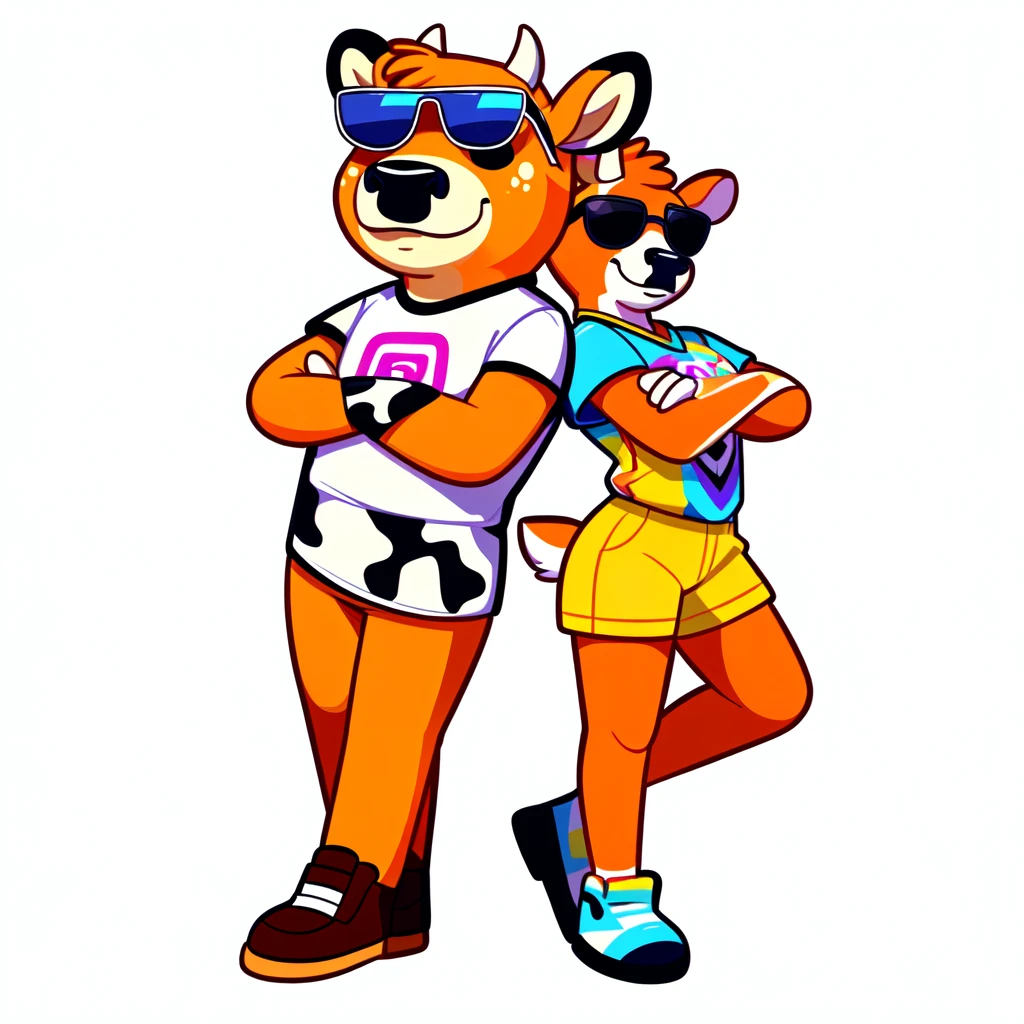 
Just Dance，Wear a shirt、Wearing sunglasses、Cartoon cow full body mascot with arms crossed, ( cow wearing sunglasses, dancing character, Created using Adobe Illustrator, Teddy Fresh, Orange body, Created using Adobe Illustrator, Cartoon shading:15, Official Art, Merge roles, an anthropomorphic deer, Official illustrations, Full body clothing, Low resolution, posture