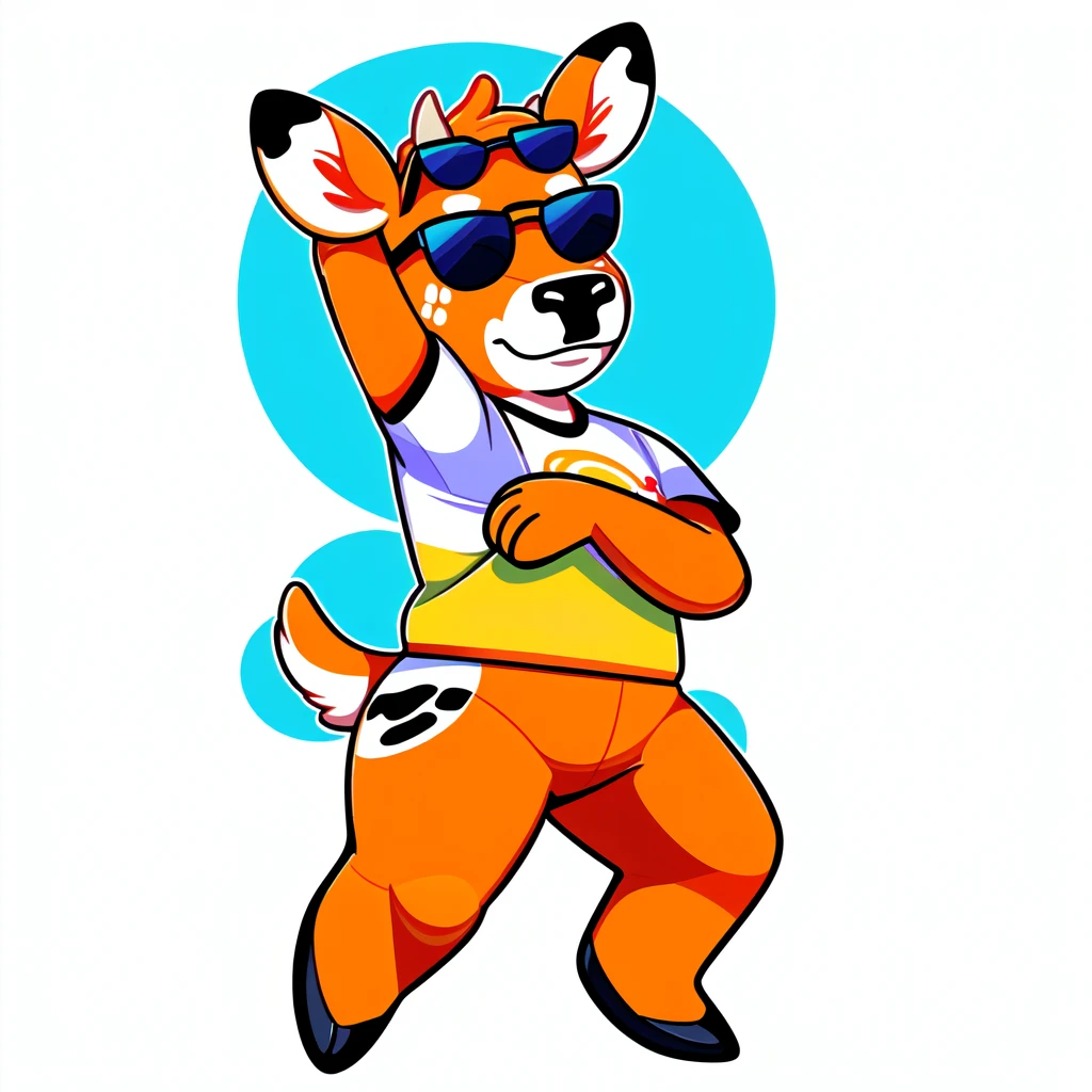 
Just Dance，Wear a shirt、Wearing sunglasses、Cartoon cow full body mascot with arms crossed, ( cow wearing sunglasses, dancing character, Created using Adobe Illustrator, Teddy Fresh, Orange body, Created using Adobe Illustrator, Cartoon shading:15, Official Art, Merge roles, an anthropomorphic deer, Official illustrations, Full body clothing, Low resolution, posture