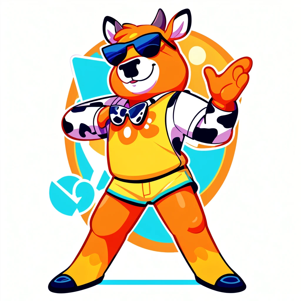 Just Dance,Wear a shirt、Wearing sunglasses、Cartoon cow full body mascot with arms crossed, ( cow wearing sunglasses, dancing character, Created using Adobe Illustrator, Teddy Fresh, Orange body, Created using Adobe Illustrator, Cartoon shading:15, Official Art, Merge roles, an anthropomorphic deer, Official illustrations, Full body clothing, Low resolution, posture