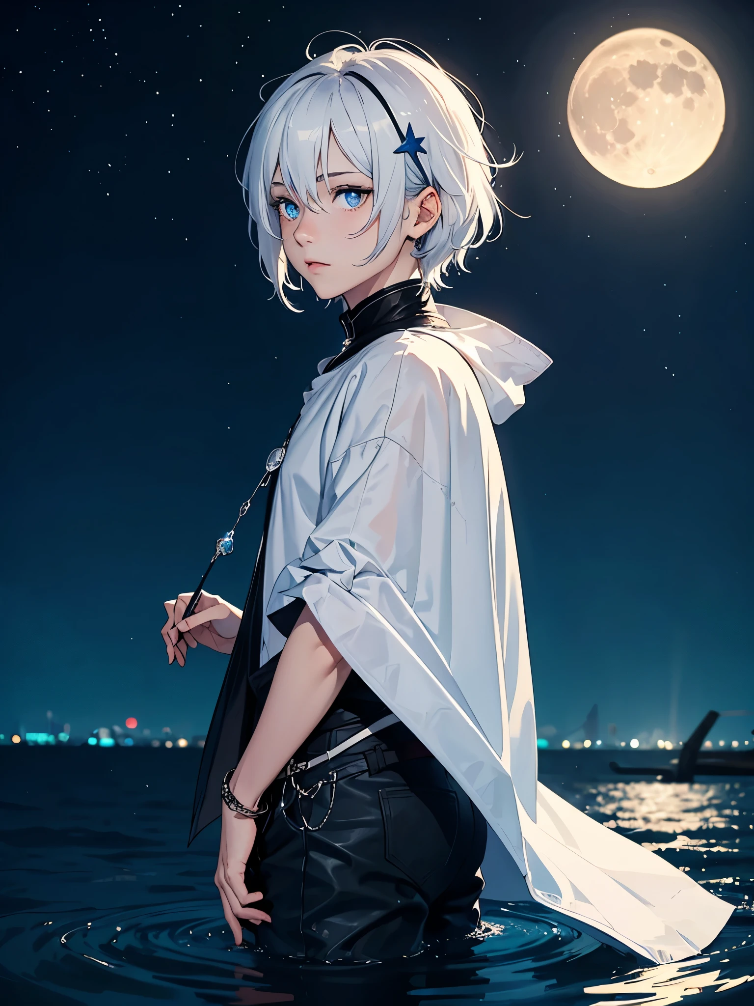 Blaues licht. Lange haare. Leuchtend. Hell. Sterne. Sehr Lange haare. Mehr anime. aquatic, boy, Goddess of the Moon, silver hair accessories, White hair, White dress, cape, at night, saturated colors, light eyes, bright, light blue light, blue eyes, Jewelry silver, bluish light, Full moon in the background, aquatic in der Luft rosa kerzen