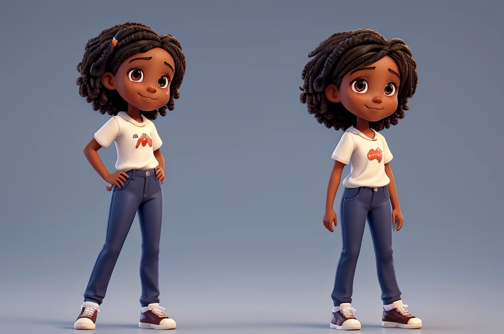 Female character, brown skin, girl, 8 years old, full body, white shirt, black hair, young woman smiling. dark blue pants, full body photo. completely facing the camera, on a white background. High quality, good definition,