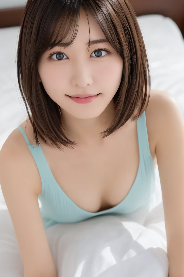 8K highest image quality)、（beautiful）、Yui Aragaki、Accurate Eyes、Fine skin、22-year-old female、Brown eyes、Brown Hair、looking at the camera、Completely naked、Semi-short hair、smile、bangs、Full view of 、Sit on the bed、Showing nipples、The genitals are visible、Thin pubic hair、Shoot from above、Selfie