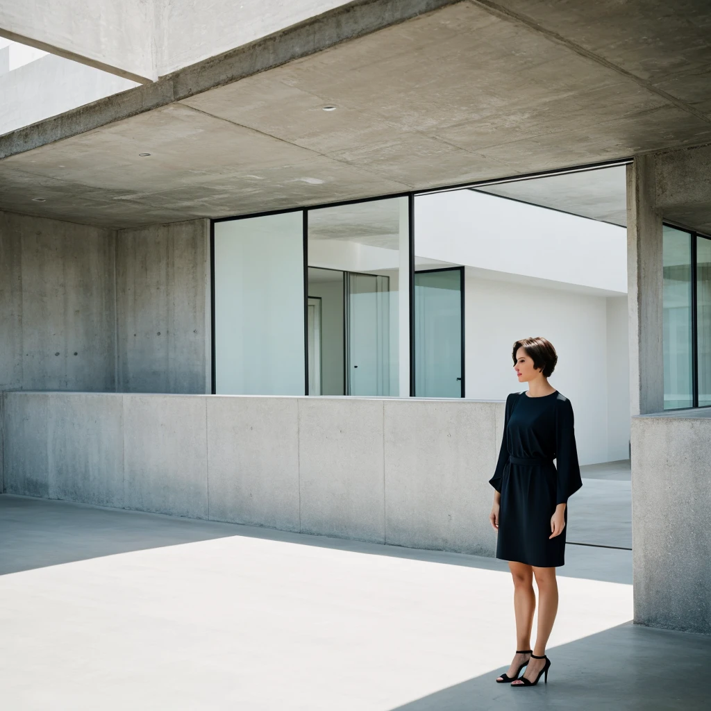 a beautiful short hair women stands the background of a minimalist beautiful architecture 