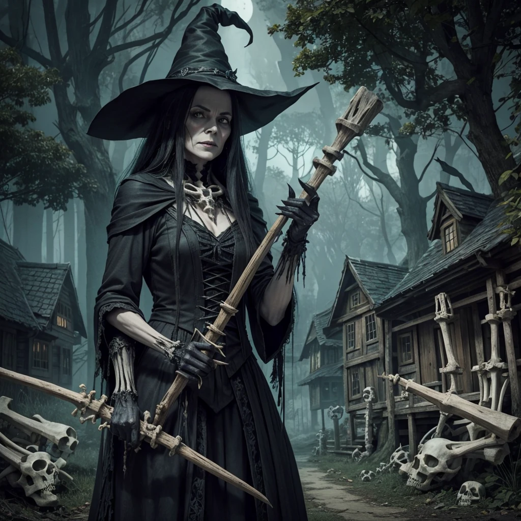 Evil wicked witch, close up, holding a staff made of bones, detailed, old village house in forest setting as background, artistic, horror, scary
