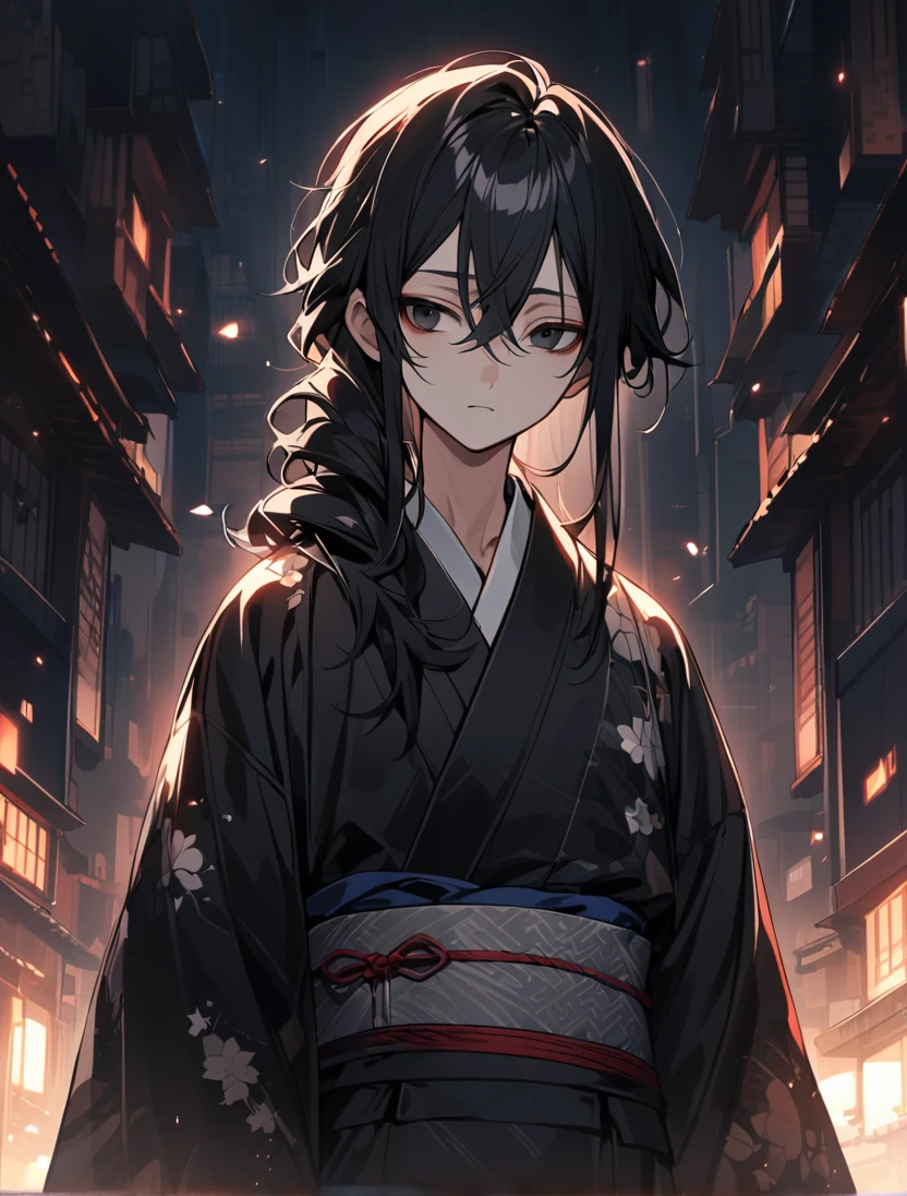 (black_hair), (long_hair), (deep_black_eyes), (high_detailed_eyes), (attractive), (emotionless), (male), (wearing _a_Unique_kimono), (detailed_Hair), (detailed), (detailed_mouth), (Teenager), (dark_under_eyes)
