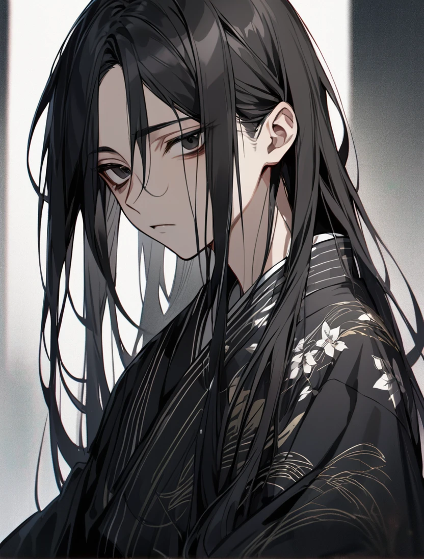 (black_hair), (long_hair), (deep_black_eyes), (high_detailed_eyes), (attractive), (emotionless), (male), (wearing _a_Unique_kimono), (detailed_Hair), (detailed), (detailed_mouth), (Teenager), (dark_under_eyes)