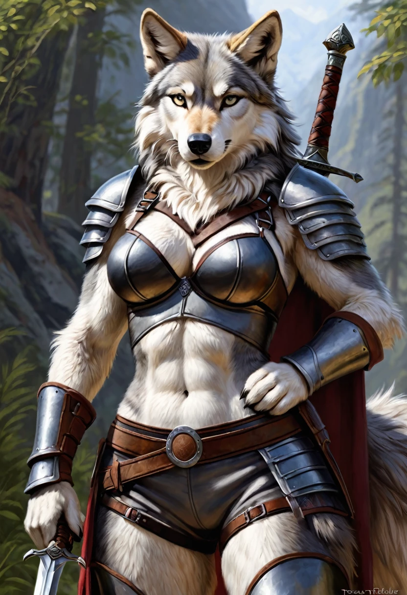 Anthro female wolf resting large two handed sword over his shoulder, posing, solo, cocky expression, masterpiece realistic, best art, full, by taran fiddler, detailed eyes, detailed body, claws, tall, soft abs, bellybutton, wearing roundy bra, pauldrons, armored pants, bandolier, big  