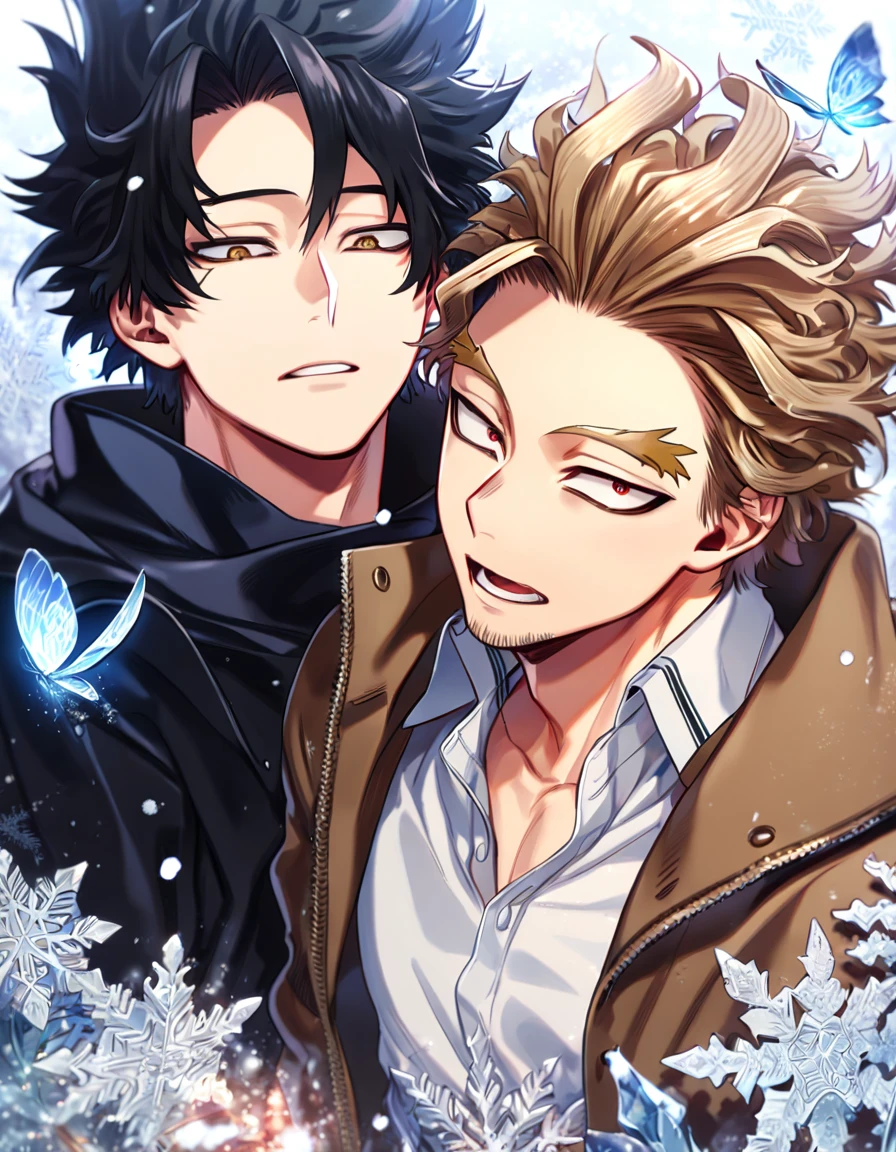 absurd resolution, high resolution, ultra detailed, extremely detailed face, HDR, 8K, delicated features, Hawks, ash-brown hair, expressive brown golden eyes, Boku No Hero Academia, Megumi, black hair, messy hair, expressive red eyes, two sexy men together, yaoi, gay couple, handsome, brown coat with fur, black coat, fantasy, magical, magic, ice butterflies, snowing, snowflakes, ice lilies, glass