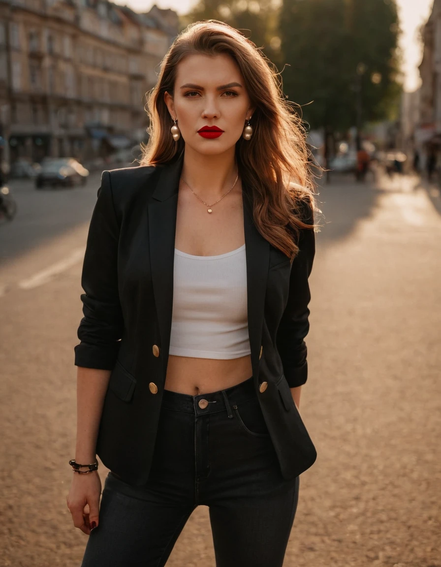 color digital photograph of Lucie Prochazka a woman from czech republic wearing (a black blazer), (a white t-shirt), (black skinny jeans), (black ankle boots), (pearl earrings), (red lipstick), and Slingbacks shoes shot on Nikon Z9 by Denis Karasev, 26 years old, long hair, tiny figure, promoting body positivity, small breasts, feeling (feeling Hate, Intense, Hostile, Aversion, Anger, Resentment, Disgust, Animosity, Hostility, Loathing, Malice, face: Scowl, Frown, Glare, Narrowed Eyes, Sneer, Lip Curl, Tense Jaw, Raised Eyebrows, Cold Stare, Contempt), at golden hour,full body, masterpiece, natural lighting, (outdoor setting:1.2), warm tones, side lighting, natural skin details, 4k, UHD, masterpiece, detailed eyes, detailed face, detailed skin, perfect hands, perfect feets, photo, high skin detail, moles, imperfect skin, ultra realism, RAW photo, subsurface scattering