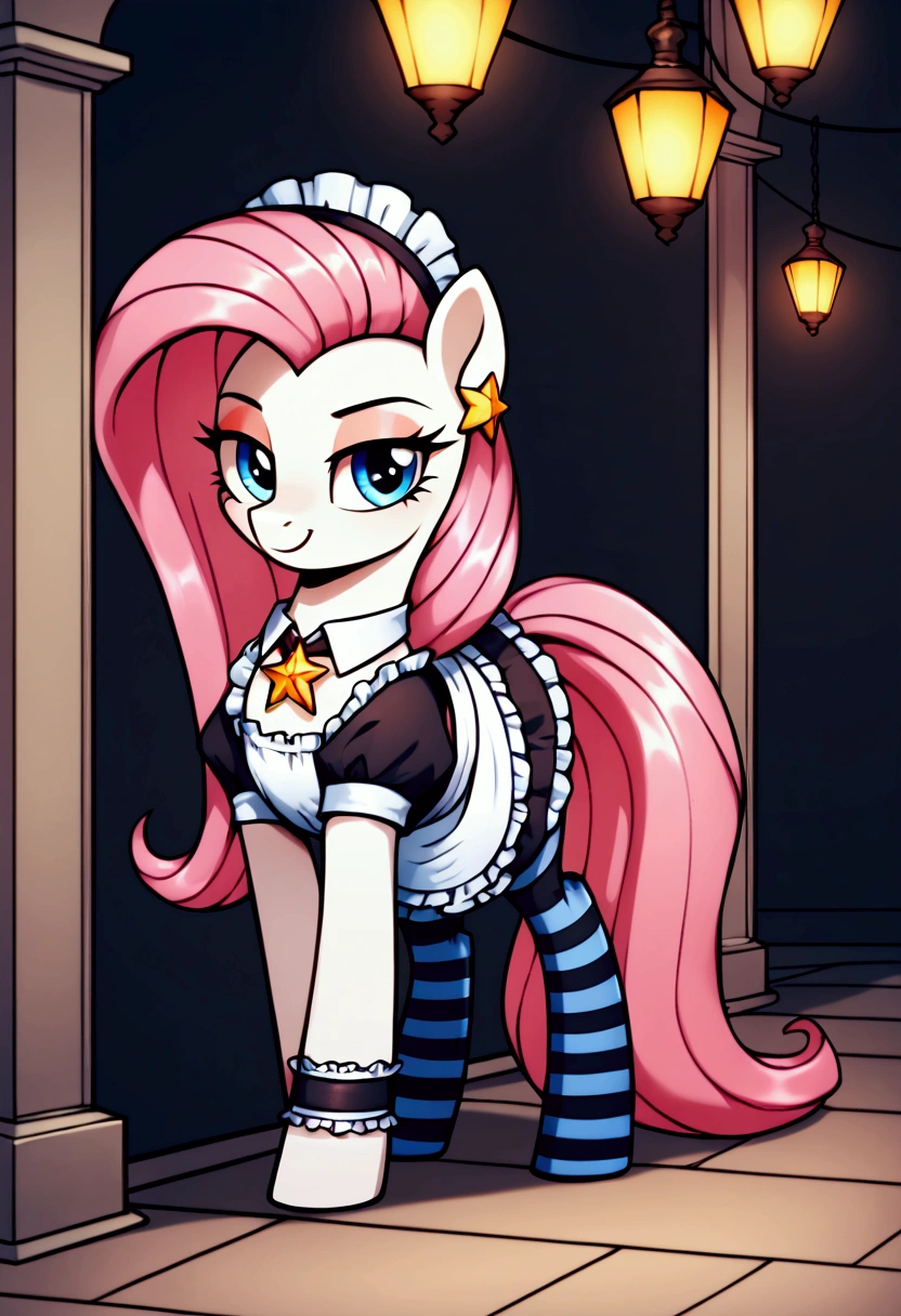 score_9,score_8_up,score_7_up,score_6_up, ((my little pony)), radiant lighting, vibrant colors, whimsical atmosphere, 8K, high resolution, highly detailed, masterpiece, ((brightness white body)), blue eyes, (maid costume), striped stockings, star pendant, earrings, eyeshadow, (very long pink hair:1.3), (((prostitute tries to lure to play adult games:1.4)))