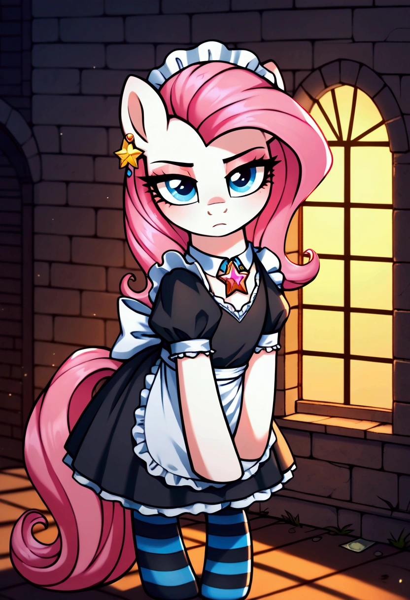 score_9,score_8_up,score_7_up,score_6_up, ((my little pony)), radiant lighting, vibrant colors, whimsical atmosphere, 8K, high resolution, highly detailed, masterpiece, ((brightness white body)), blue eyes, (maid costume), striped stockings, star pendant, earrings, eyeshadow, (very long pink hair:1.3), ((( tries to lure to play adult games:1.4)))