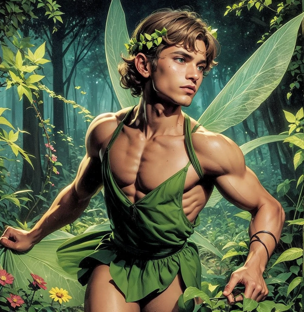 American classic comic book art: ethereal delicate young man, curly light brown hair, blue eyes, tanned skin, pointed ears, bright green tiara on the forehead, bright green tiny fairy outfit, forest, vines and flowers, lime green energy,bigbutt, shaved,tanned beautiful thighs, very young face man, freckles, fairy man, prancing, lime green leaves tiny mini skirt, nicebutterf, comic book,