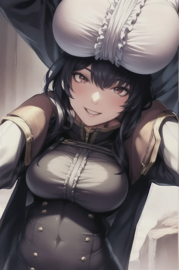 1girl, jacket, large_breasts, long_sleeves, nail_polish, open_mouth, smile, solo, upper_body, epic realistic, fhyperdetailed, (artstation:1.5), cinematic, (rutkowski:0.8)