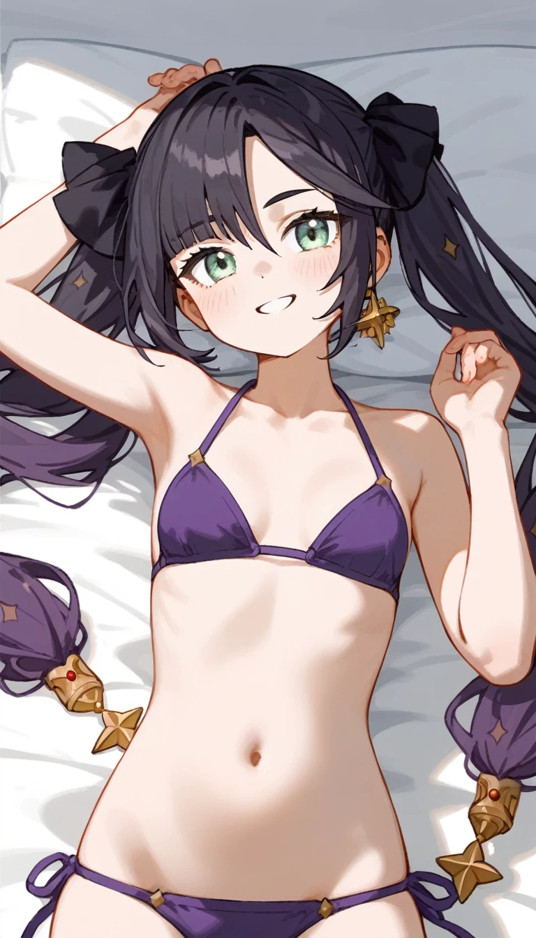 masterpiece,Ultra HD,score_4_onBREAK source_anime,可愛いanimeイラスト, One Girl, alone, Mona XL, Long black hair, Green Eyes, tsurime, Twin tails, Medium Chest, View your audience,smile,Bed,Lying down,Purple Bikini,Open,nsfw,