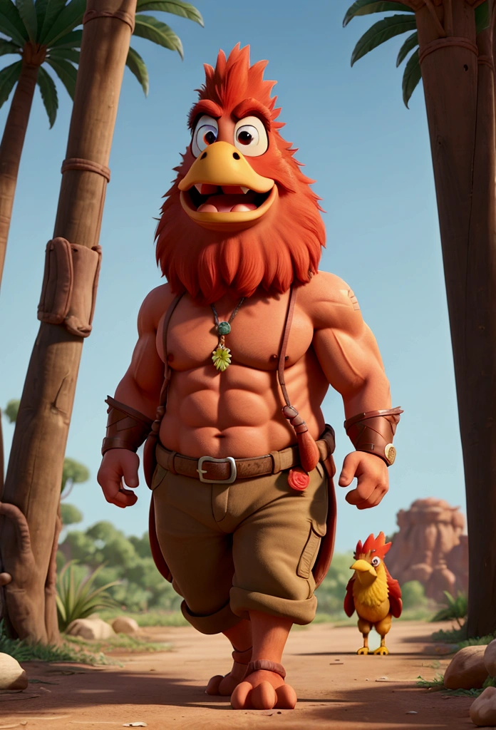 an angry and muscular rooster, walking, there is nothing and nobody in the scene except the rooster, the environment is a jungle.