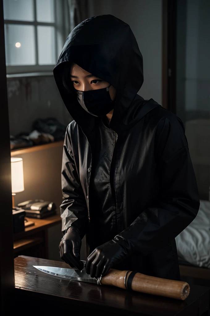 korean girl, (behind corpse, surgical mask), multiple girls, holding knife, stabbing, black raincoat, black gloves, hood up, room full of blood, black wet suit, holding knife, black gloves, behind corpse, blood splatter, short hair, night, mass murderer, robbery, in the hotel, light from the window, dark atmosphere, cinematic lighting, atmospheric realistic, 
