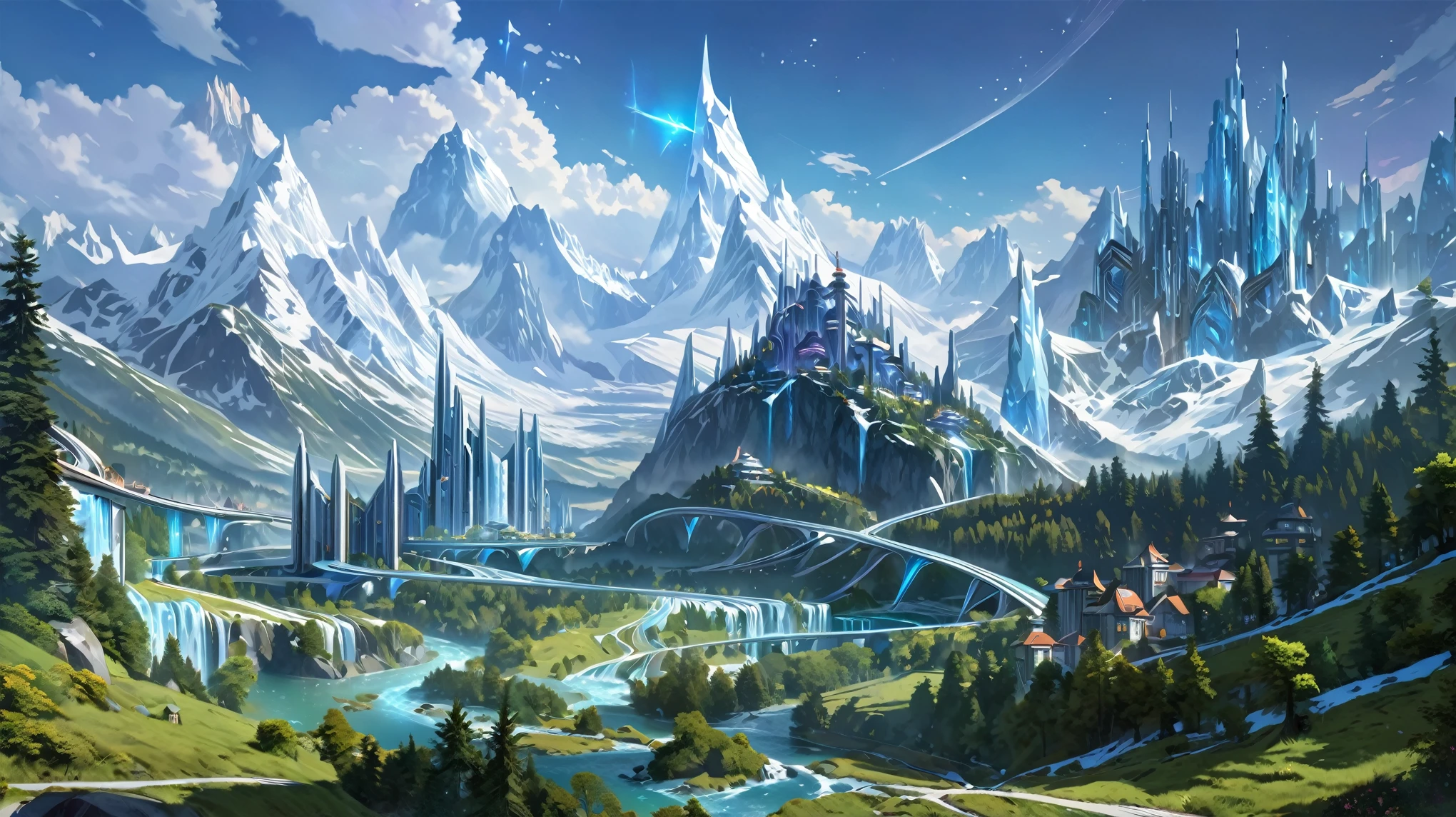 icy mountains, futuristic fantasy city, and a stream in a valley with a forest in the foreground, masterpiece, best quality, Fantasy aesthetics, Highly detailed, beautiful landscape