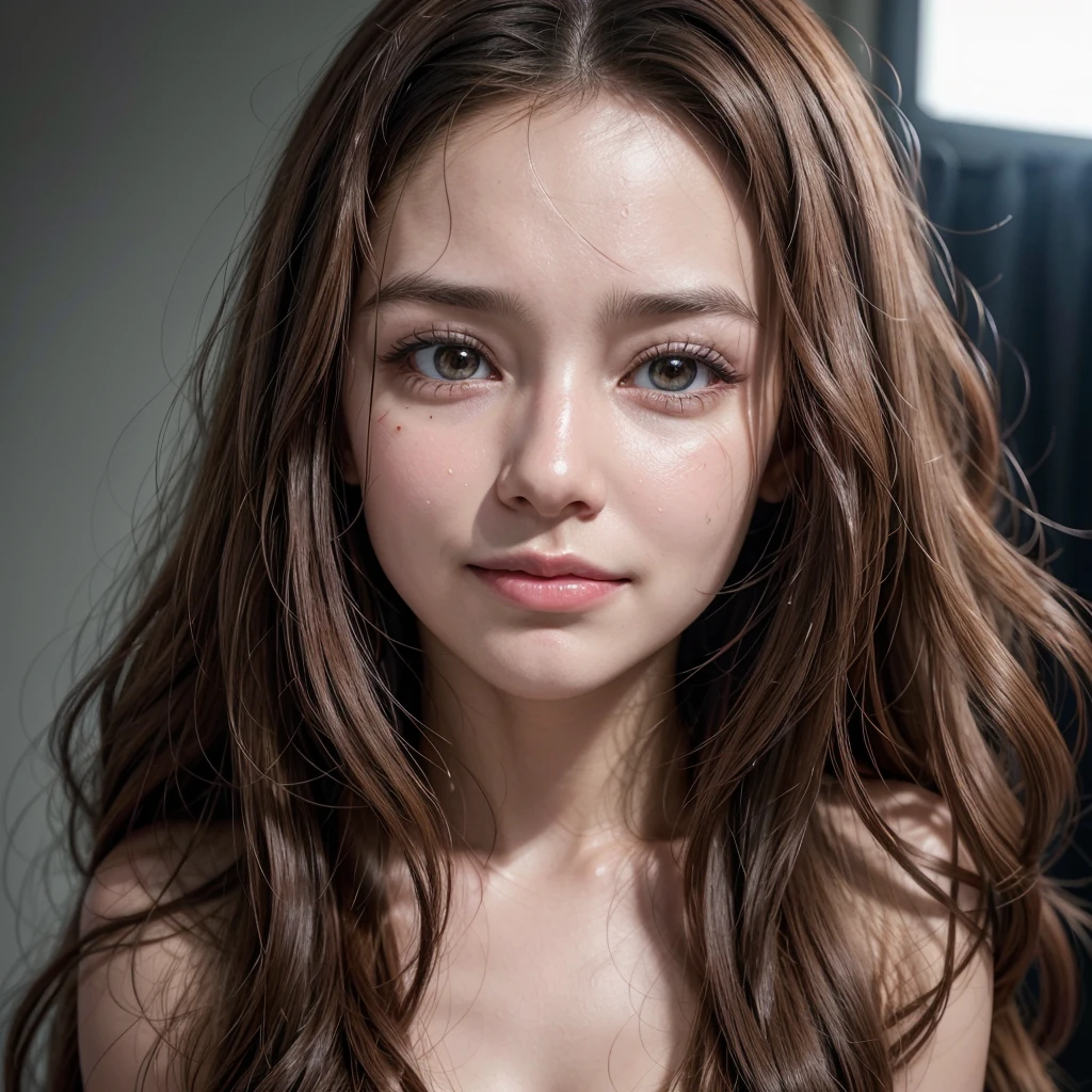 create the face of an ultra realistic woman, with brown eyes, fair skin, long wavy hair with realistic details, with a scared facial expression with her mouth open and with sweat on her face, as if she was panting and a sad smile, holding a realistic heart in his right hand, with the heart on the side of his face.