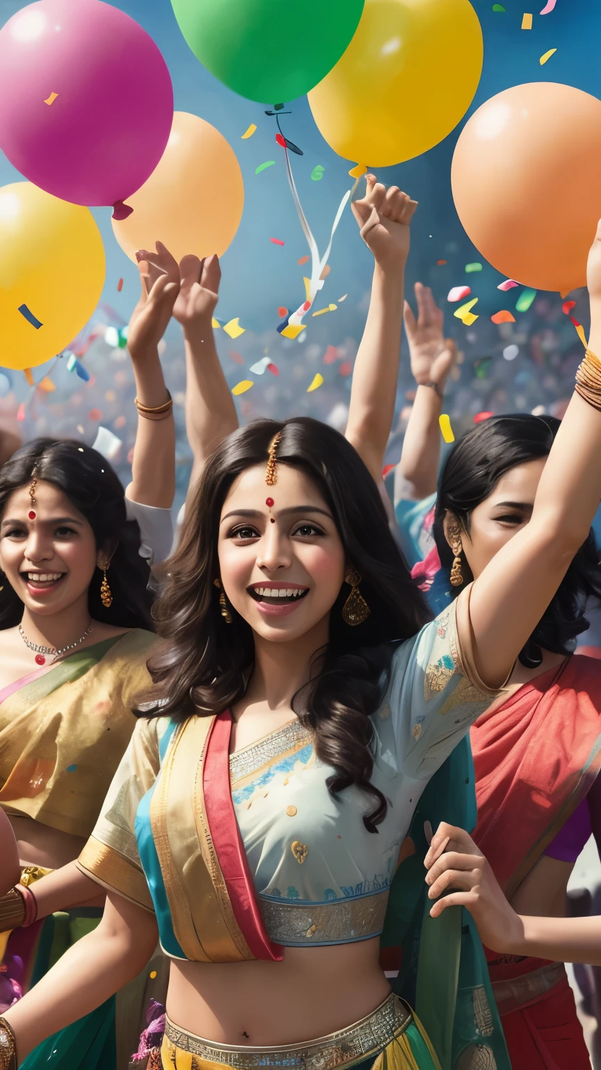 ((best quality)), ((masterpiece)), (detailed), An illustration of group of Indian people with big smiles and arms raised in the air, surrounded by colorful confetti and balloons. The background is a vibrant, celebratory scene.