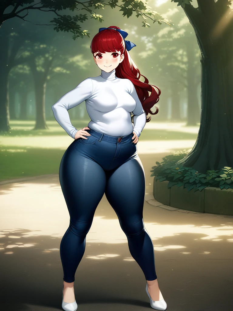 Realistic denim texture, dskasumi, red hair, long hair, ponytail, red eyes, hair bow, 1girl, solo, ((height 150cm)), thick thighs, Bow legs, Beautiful face but chubby face, Chubby Yor briar, Hands on hips, Stand up straight, ((Full body)), (low head 1.5), A little chubby body type and small breasts, masterpiece, tight denim pants, ((small breasts)), thick legs++, Full body+, Solo, Swollen face, 1 woman, (white long sleeve tutleneck 1.5,) (tight turtle neck 1.5), white turtle neck, navy blue Denim pants, thick thighs, low rise navy blue denim pants, solo, simple background, masterpiece, best quality, black hair, A chubby figure that seems real, smile, High saturation
BREAK
outdoors, park, trees, dappled sunlight, depth of field, cinematic, game cg, official art, masterpiece, best quality