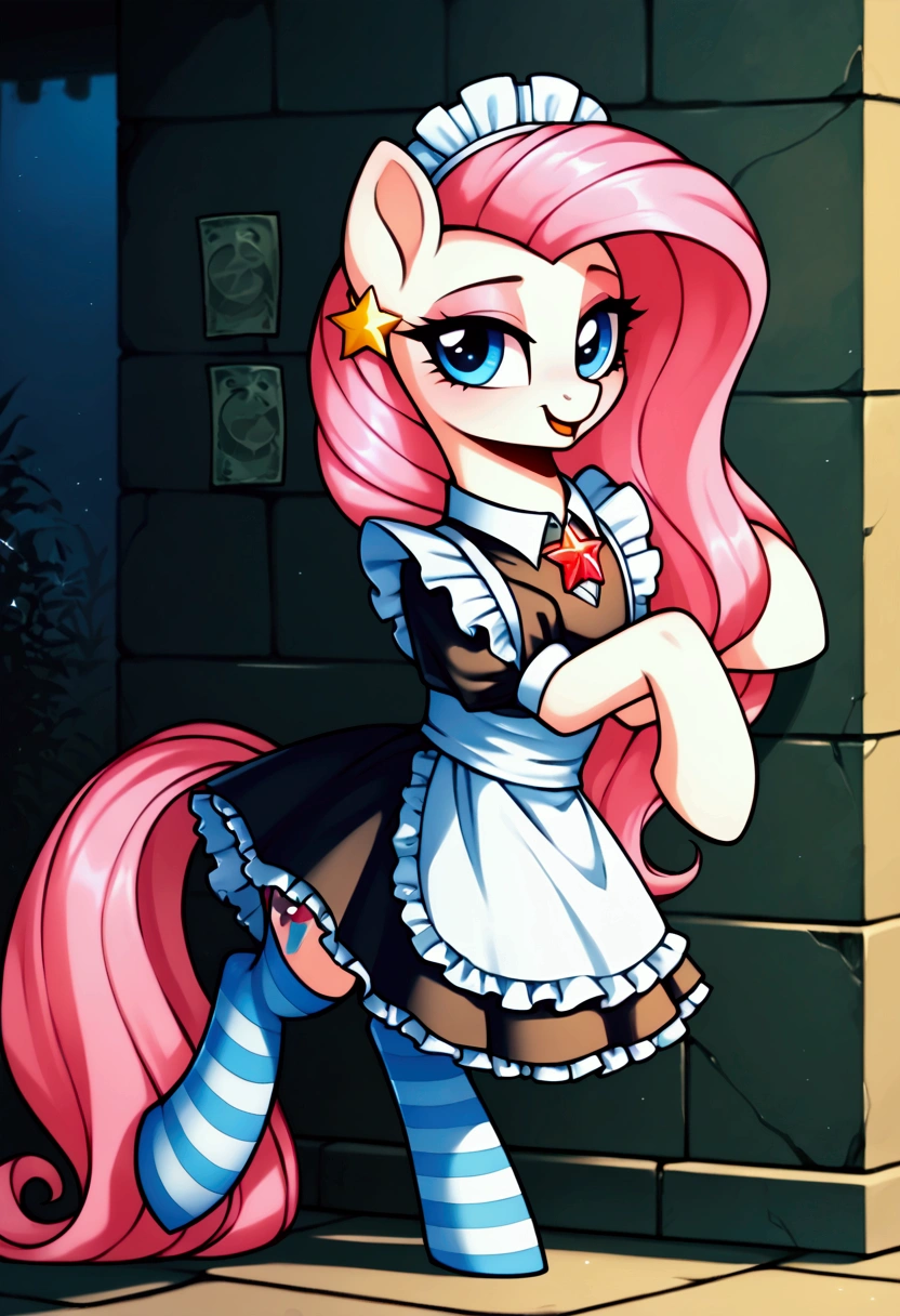score_9,score_8_up,score_7_up,score_6_up, ((my little pony)), radiant lighting, vibrant colors, whimsical atmosphere, 8K, high resolution, highly detailed, masterpiece, ((brightness white body)), blue eyes, (maid costume), striped stockings, star pendant, earrings, eyeshadow, (very long pink hair:1.3), (((prostitute tries to lure for sex:1.4)))