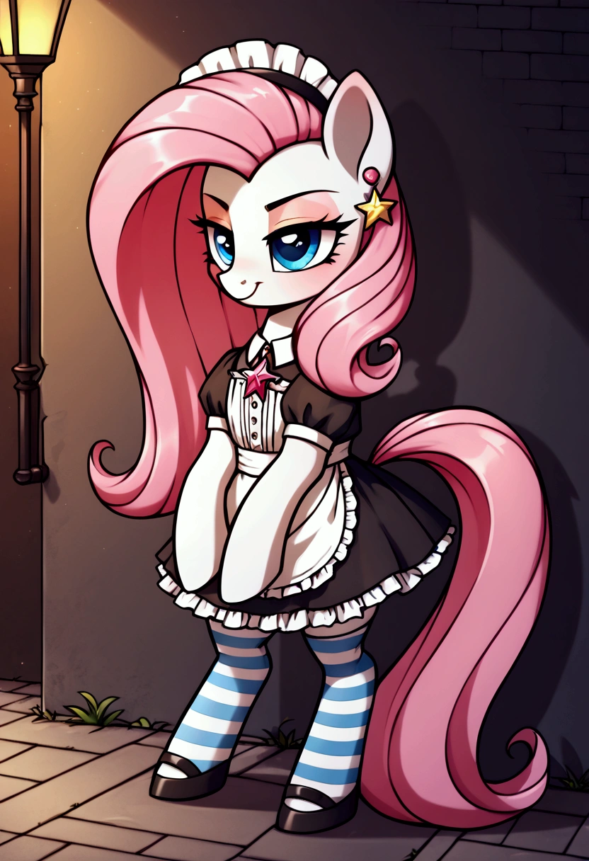 score_9,score_8_up,score_7_up,score_6_up, ((my little pony)), radiant lighting, vibrant colors, whimsical atmosphere, 8K, high resolution, highly detailed, masterpiece, ((brightness white body)), blue eyes, (maid costume), striped stockings, star pendant, earrings, eyeshadow, (very long pink hair:1.3), (((prostitute tries to lure for sex:1.4)))