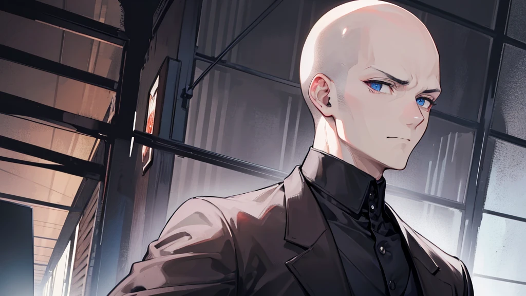 a man in a black suit,eyes browns, baldie,without hair and without beard or mustache looking like a bad psychopath,I repeat no blue eyes,I want DARK BROWN EYES