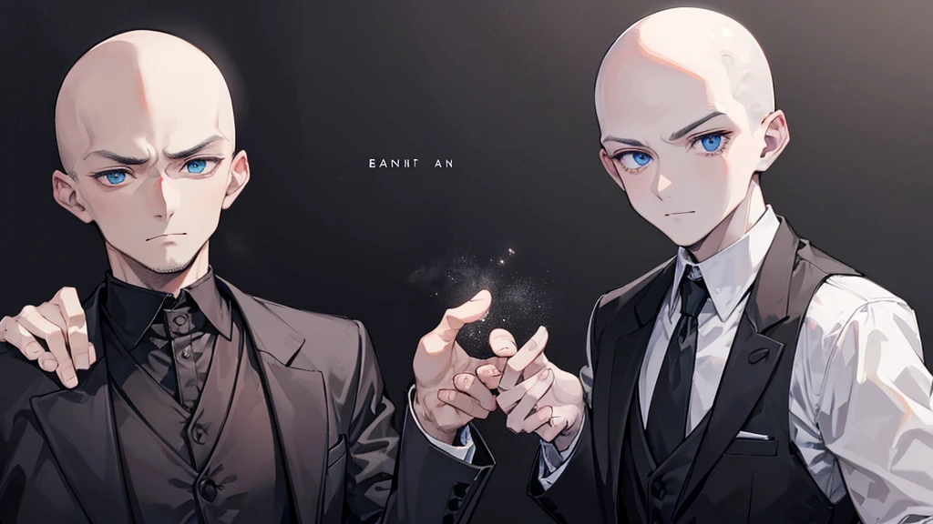 a man in a black suit,eyes browns, baldie,without hair and without beard or mustache looking like a bad psychopath,I repeat no blue eyes,I want DARK BROWN EYES